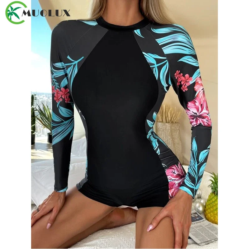 

Floral Push Up One Piece Swimsuit Female Swimwear 2024 Tropical Sport Long Sleeves Women Surfing Beach Monokini Bathing Suit