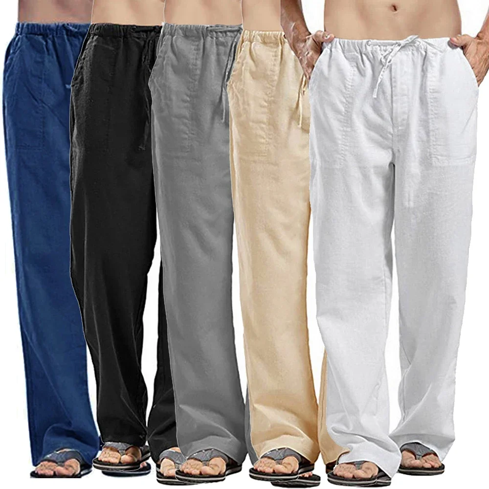 Men\'s Cotton Linen Pants Multiple Pockets Linen Breathable Pants Elastic Waist Fitness Joggers Trousers Casual Loose Sweatpants