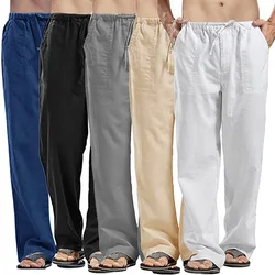 Men's Cotton Linen Pants Multiple Pockets Linen Breathable Pants Elastic Waist Fitness Joggers Trousers Casual Loose Sweatpants