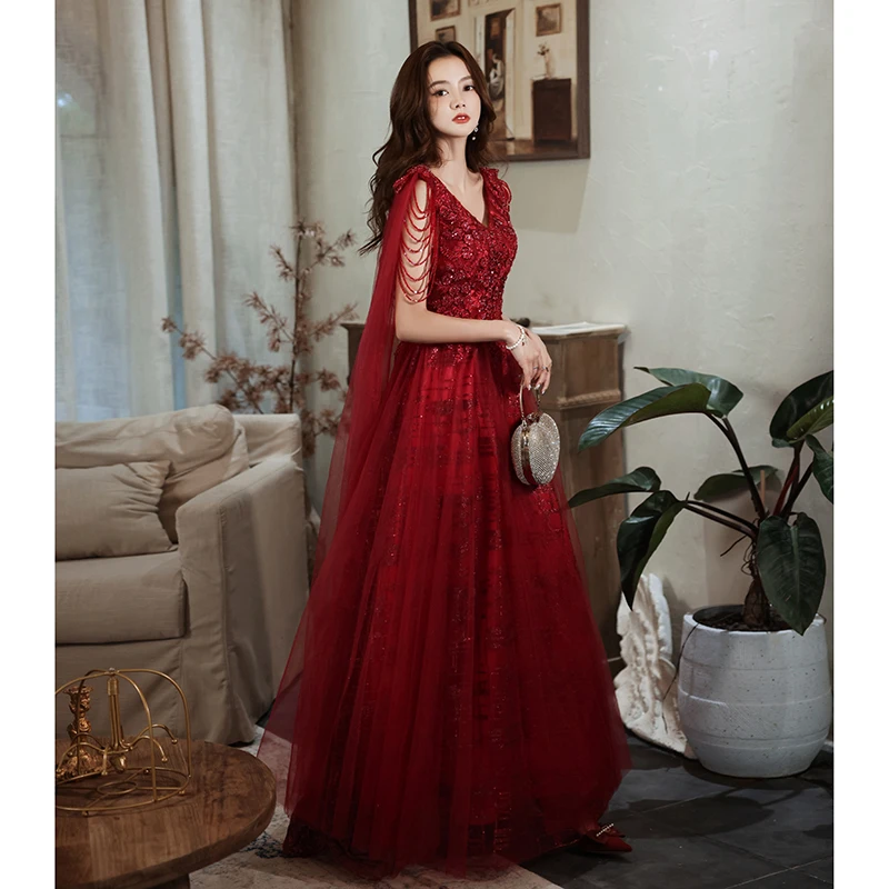 Wine Red Prom Dresses 2022 Elegant V-Neck Luxury Appliques Floor-Length  Lace Long Women Formal Evening Gowns With Beading - AliExpress