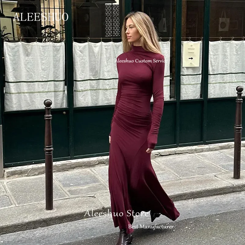 Aleeshuo Morden Burgundy Mermaid Long Sleeves Prom Gowns Vintage Pleat High Neck Sexy Ankle-Length فساتين السهرة2024