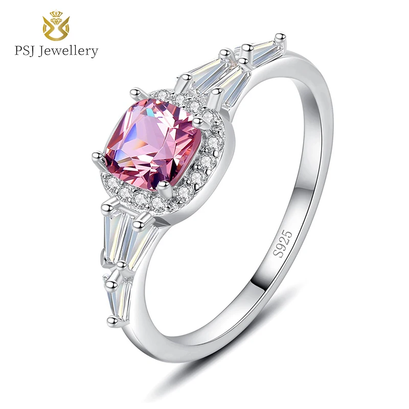 

PSJ Jewelry Rhodium Plated Princess Cut Pink Morganite Stone Promise Solitaire 925 Sterling Silver Rings for Women Wedding