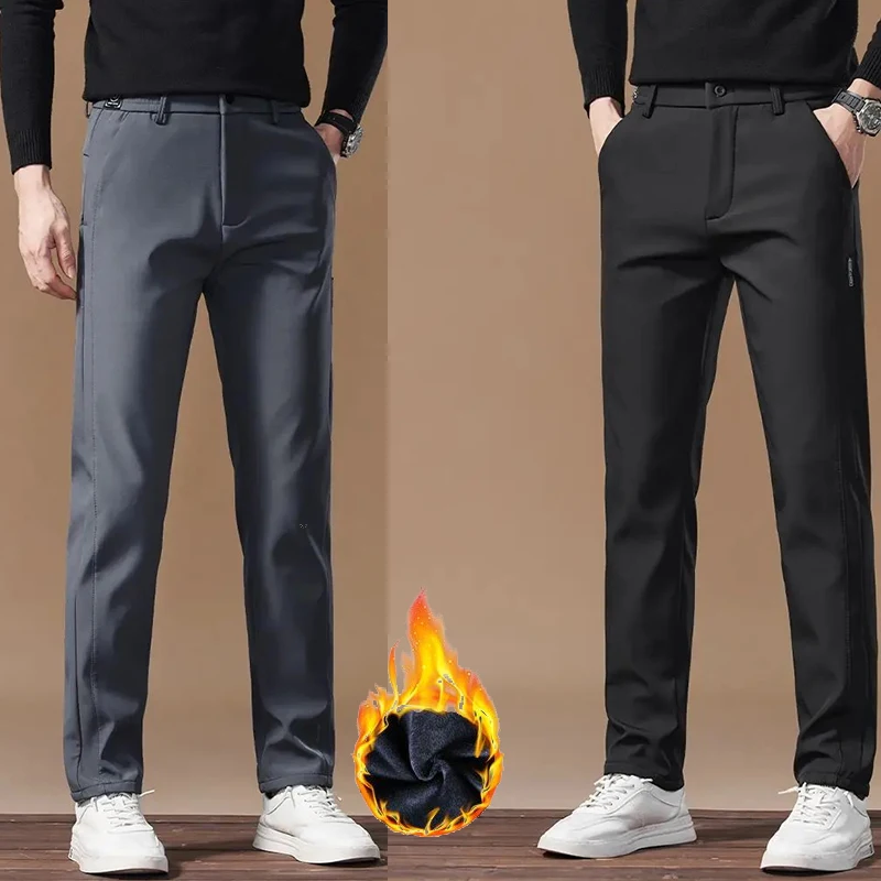 

2025 Winter Warm Fleece Casual Pants Men Slim Grey Black Korea Work Elastic Waistband Classic Outdoors Trousers Male 28-38