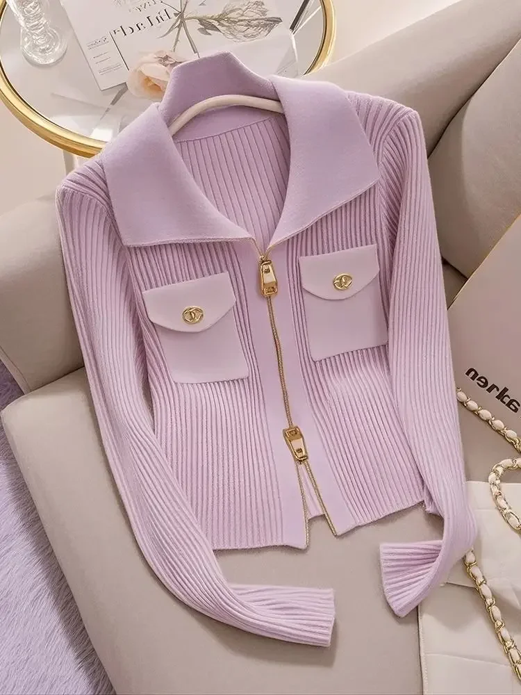 2025 moda zíper design francês rosa roxo malha cardigan para as mulheres outono novo doce emagrecimento manga longa camisola feminina topo