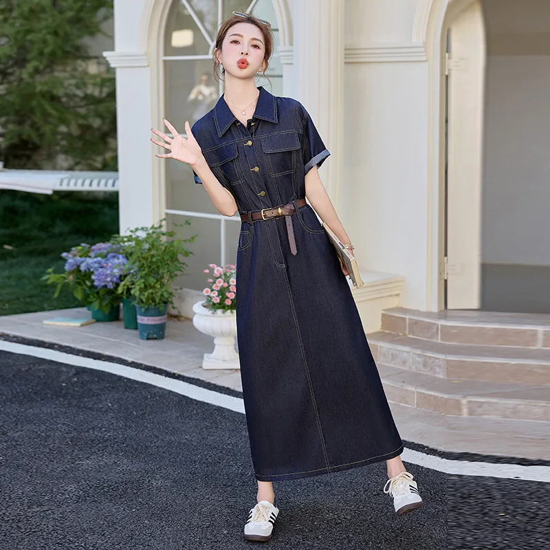 

Темно-синее женское платье средней длины с воротником, новое летнее платье-рубашка в корейском стиле с застежкой на талии