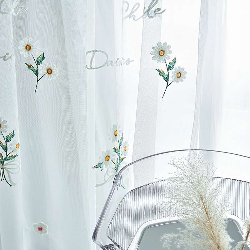 Korean 2-Layer Blackout Curtains for Living Room, Girls Bedroom Curtain, Embroidery Daisy Flowers, Green  Drapes, Window Decor