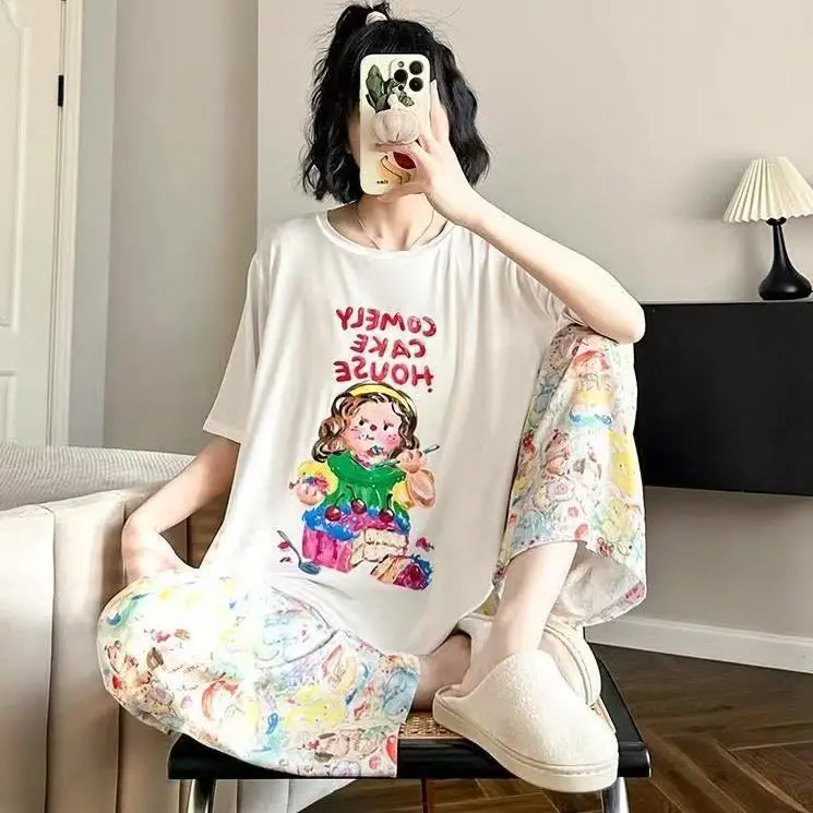 パトリックスターパジャマセット女の子夏の漫画かわいいルーズ部屋着女性 Tシャツパンツナイトウェアカジュアル部屋着セット ﻿