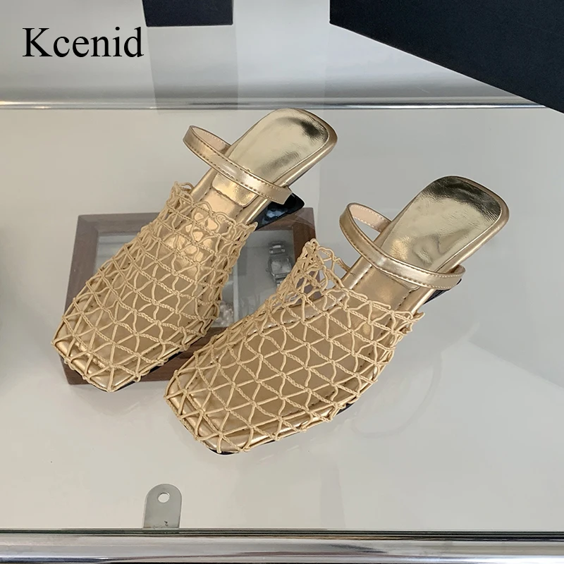 

Kcenid Summer Square Toe Sandals Women Hollow Mesh Mules Fashion Female Square Heel Slides Women Strange Style Modern Slippers