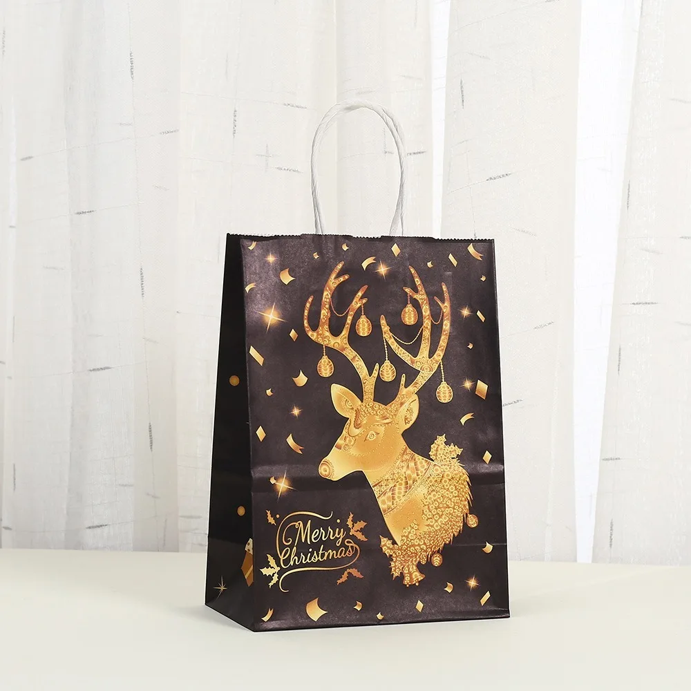 6pcs Bronzing Christmas Kraft Paper Bags Christmas Tree Elk Snowflake Paper Gift Bags Gold Black with Handle Gift Packaging Bags