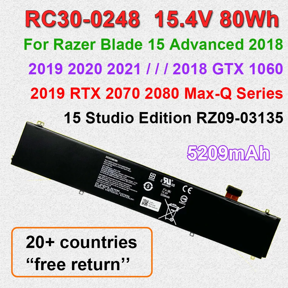 

Совместимый аккумулятор для ноутбука RC30-0248 для Razer Blade Advanced 15 (2018-2021) RTX 2070/2080 Max-Q 15 Studio Edition RZ09-03135