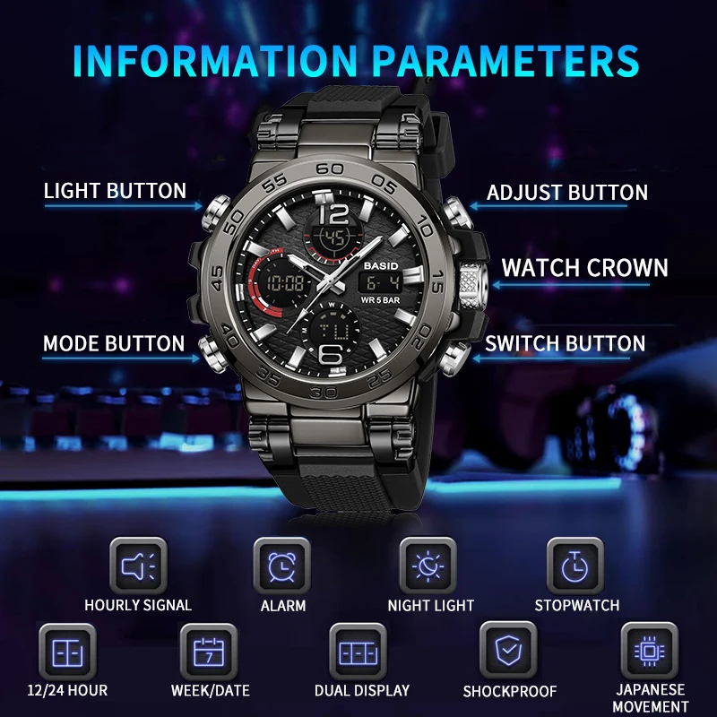 BASID Fashion Watches For Men Sports Luminous Mens Watches 50M Waterproof Electronic Watch Military Multifunctional Wristwatches