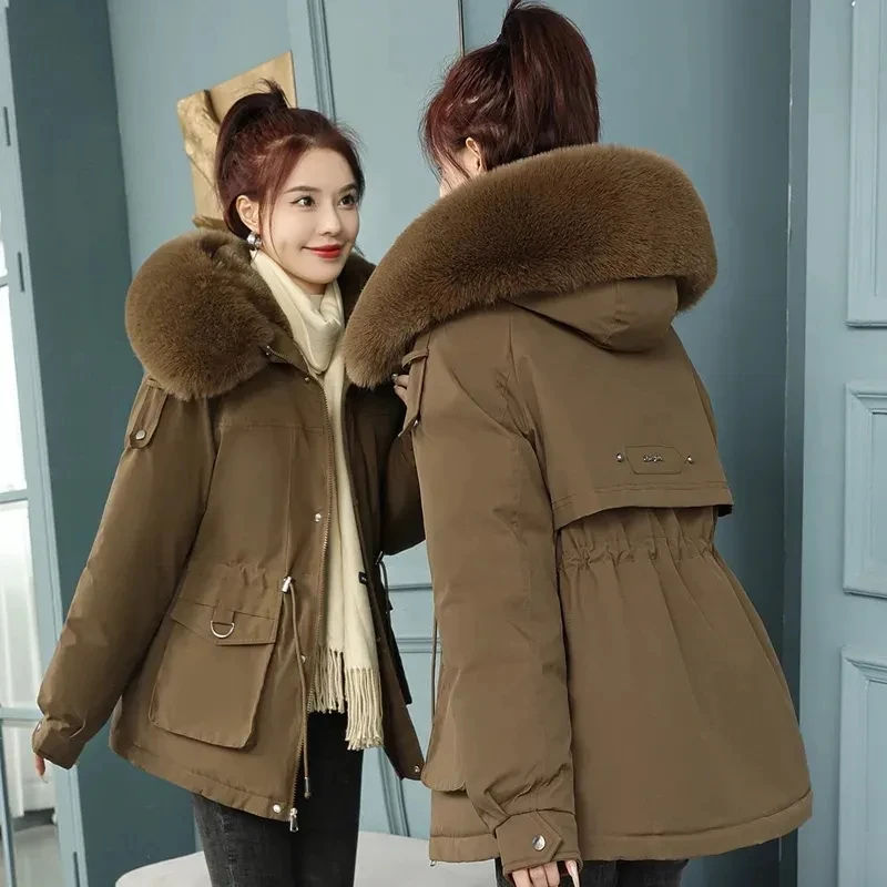 2025 New Winter Jacket Women Warm Thicke Cotton Padded Jacket Wool Liner Hooded Parkas Fur Collar Outwear Women Basic Coats 3XL