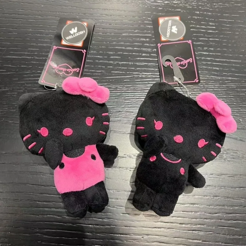 Sanrio All black Hello Kitty fluffy plush toy Keychain Kawaii Cartoon black pink Kitty Bag Car key ring Girly Plush Coin Purse