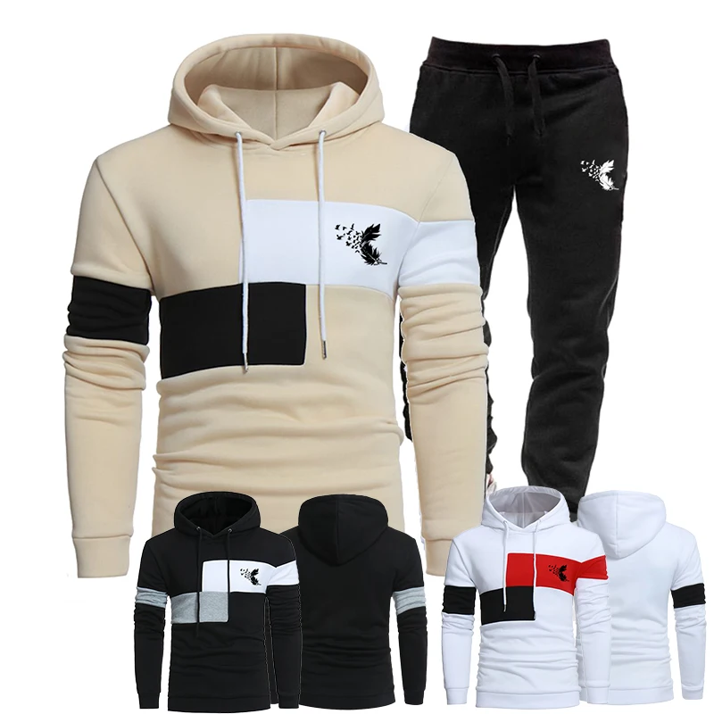 

Новинка 2023, пуловер, толстовка, комплект, модная Толстовка с принтом перьев, осень/зима, спортивные толстовки и штаны для бега, мужская спортивная одежда