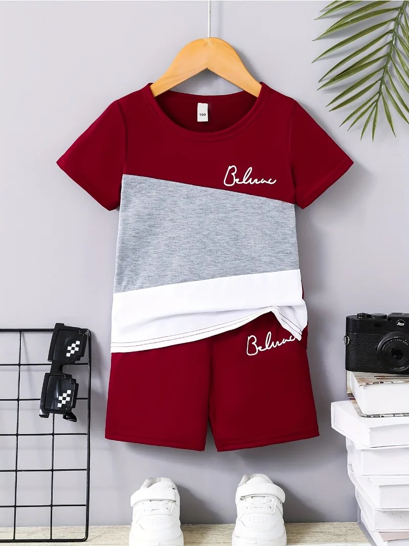 Boys Casual Spliced Printed T-shirt Short Sleeved and Shorts Set Comfortable Summer Children\'s Two-piece Set