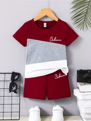 Boys Casual Spliced Printed T-shirt Short Sleeved and Shorts Set Comfortable Summer Children's Two-piece Set