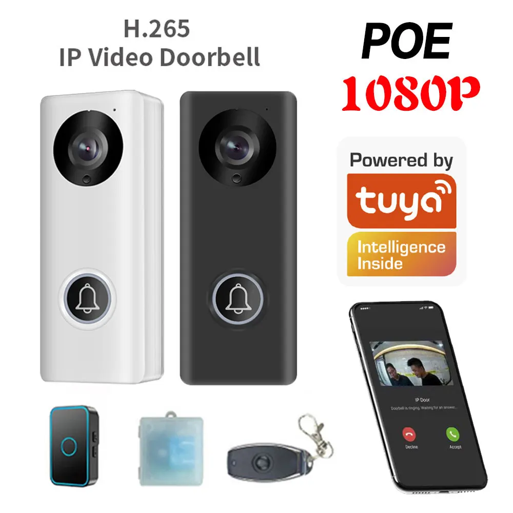 Timbre de puerta inteligente con cámara de seguridad inalámbrica, videoportero IP POE de 1080P, WIFI, aplicación Tuya