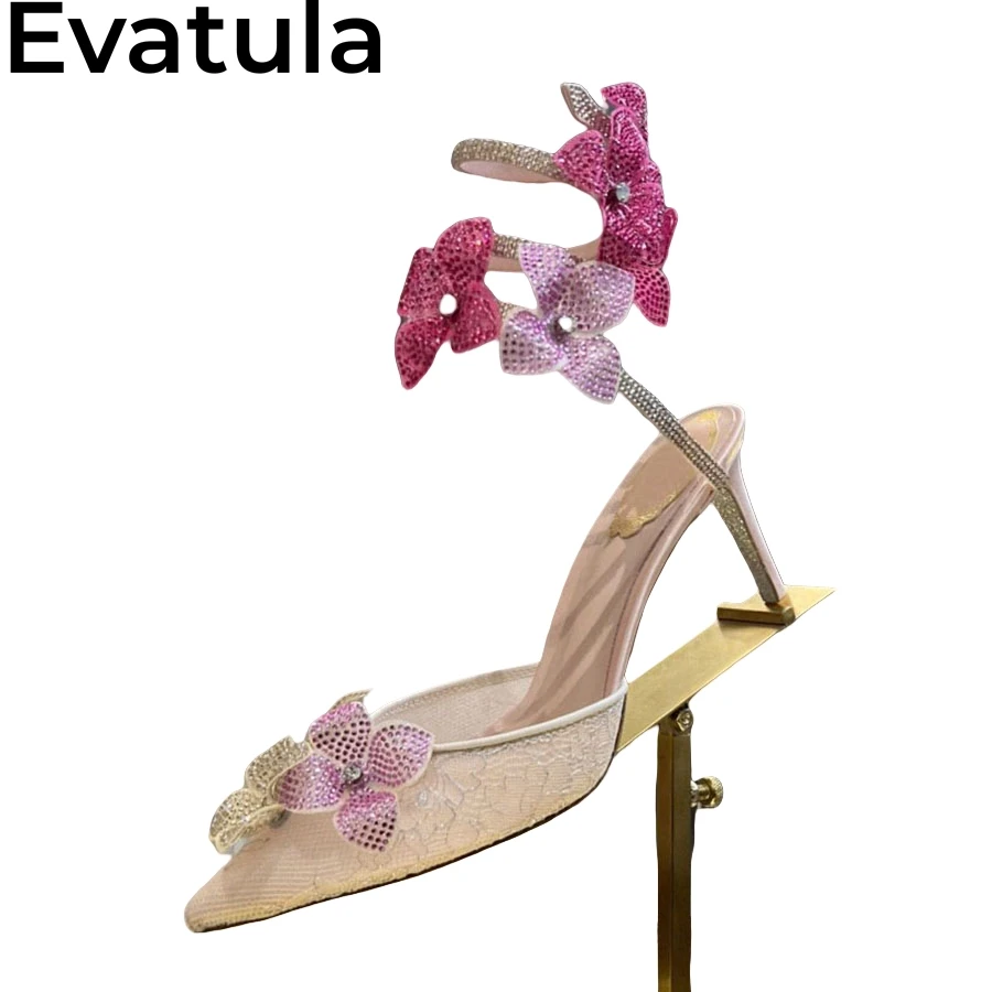 2025 Summer Blingbling Crystal Flower High Heel Sandals Women Pointy Toe Ankle Wrap Stilettos Sexy Party Wedding Bride Shoes