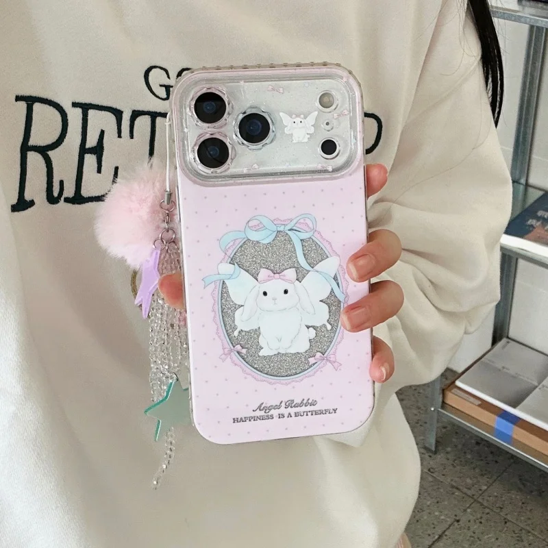 

Korean Glitter Polka Dot Cute Rabbit Phone Case For Apple iPhone 17 Pro 16 15 14 Pro Max Cover with Plush Ball Chain Cartoon Cas