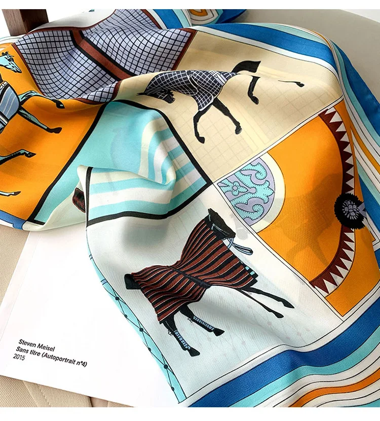 Neuer quadratischer Seidenschal mit Vier-Jahreszeiten-Pferd-Aufdruck, 70 x 70 cm, modisches Vier-Jahreszeiten-Stirnband, luxuriöser Sonnenschutz-Schal, Bandanas – Detail 2