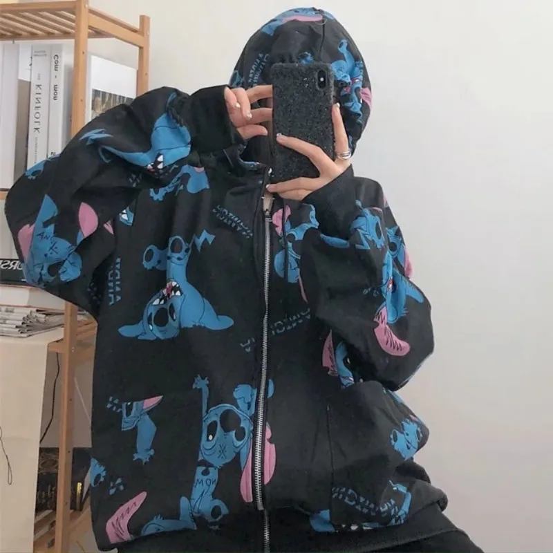 Disney Stitch Outerwear Cartoon Couple Thin Section Zip Up Hoodie Autumn Winter Fashion Harajuku Sweat Shirt Casual Loose Hoodie