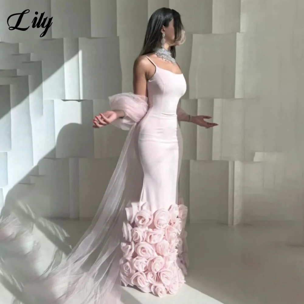 

Lily Pink Mermaid Evening Dress Scoop Prom Dress Trumpet Satin Party Gown with 3D Floral Flower robe de bal for Woman Customized