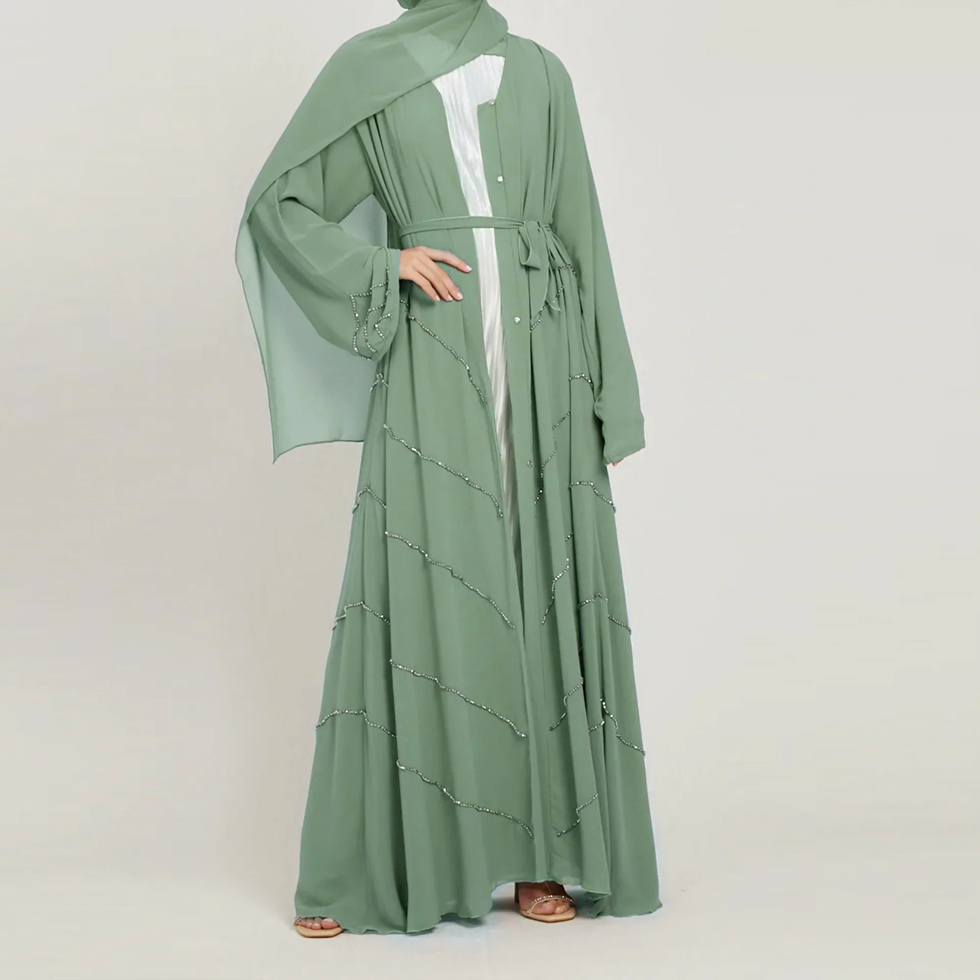 

Middle East Dubai Cardigan Solid Color Beaded Dress Gown Fashion Abaya Ramadan Kimono Robe Mariage Muselmane Kaftan Women's