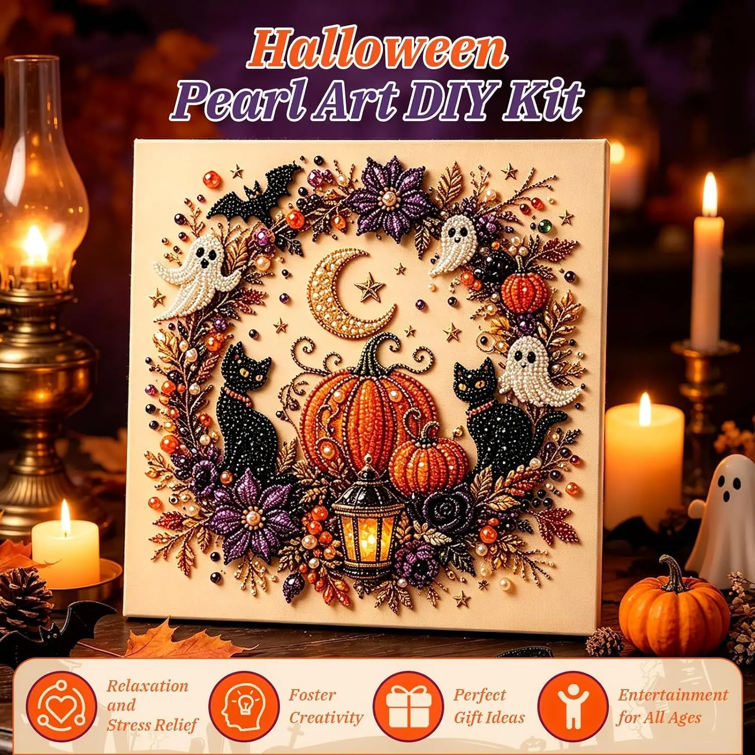 Halloween Ghost Pearl Art DIY Kit,Cute 3D Pearl Mosaic Craft Set & Beginners,Spooky Ghost Pumpkin Canvas Art for Fall Home Decor