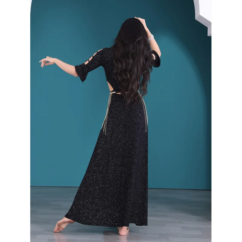 Women's 2025 Autumn Winter New Sexy Oriental Dance Costume Hollow Out Dress Performance Set