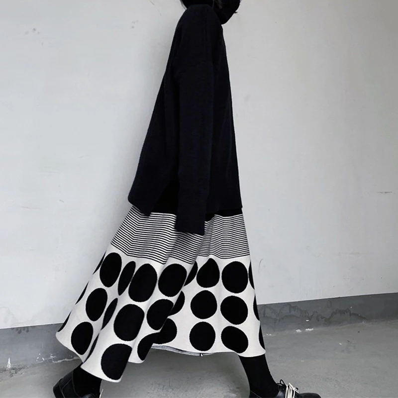 Vintage Polka Dots Knitted Midi Skirt Women Harajuku Striped Patchwork Skirts Winter Korean Elegant Loose Design A Line Faldas