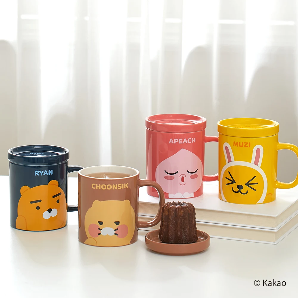 Taza de Cerámica Kakao Friends con Tapa, Diseño Exclusivo de Choonsik y Ryan, para Café, Té, con Posavasos, para Oficina, Hogar, Cafetería, Regalo Kawaii