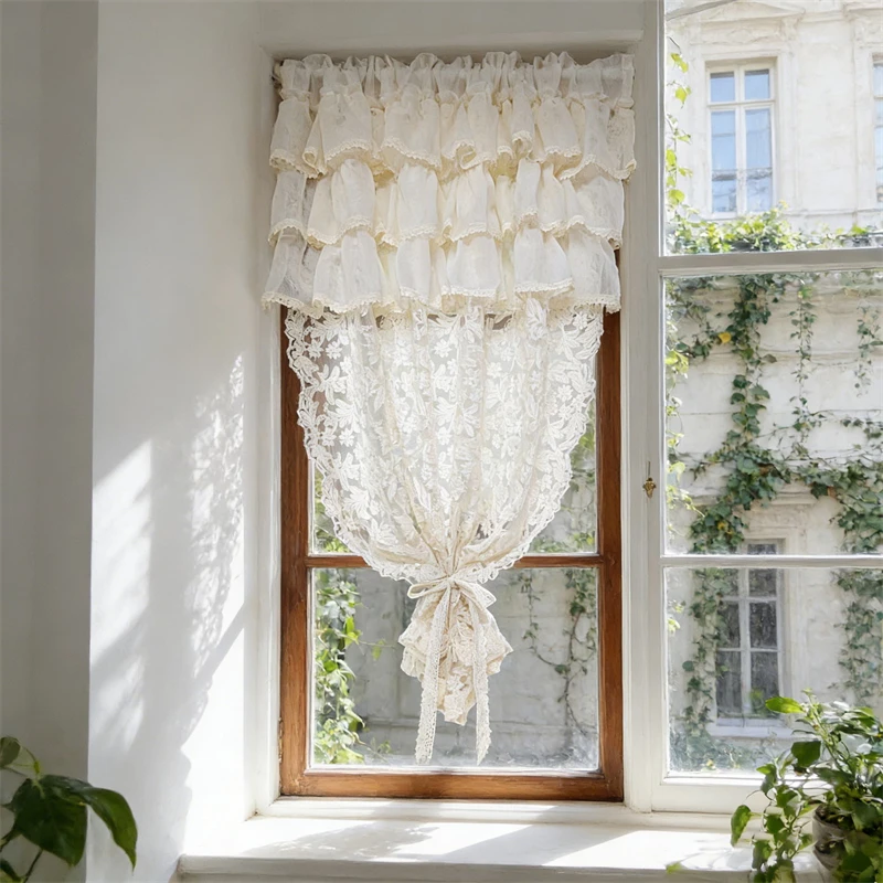 1PC French Romantic Beige Lace Embroidery Flower Splicing Double-Layer Pleated Curtain Villa Farmhouse Sheer Tulle Short Curtain