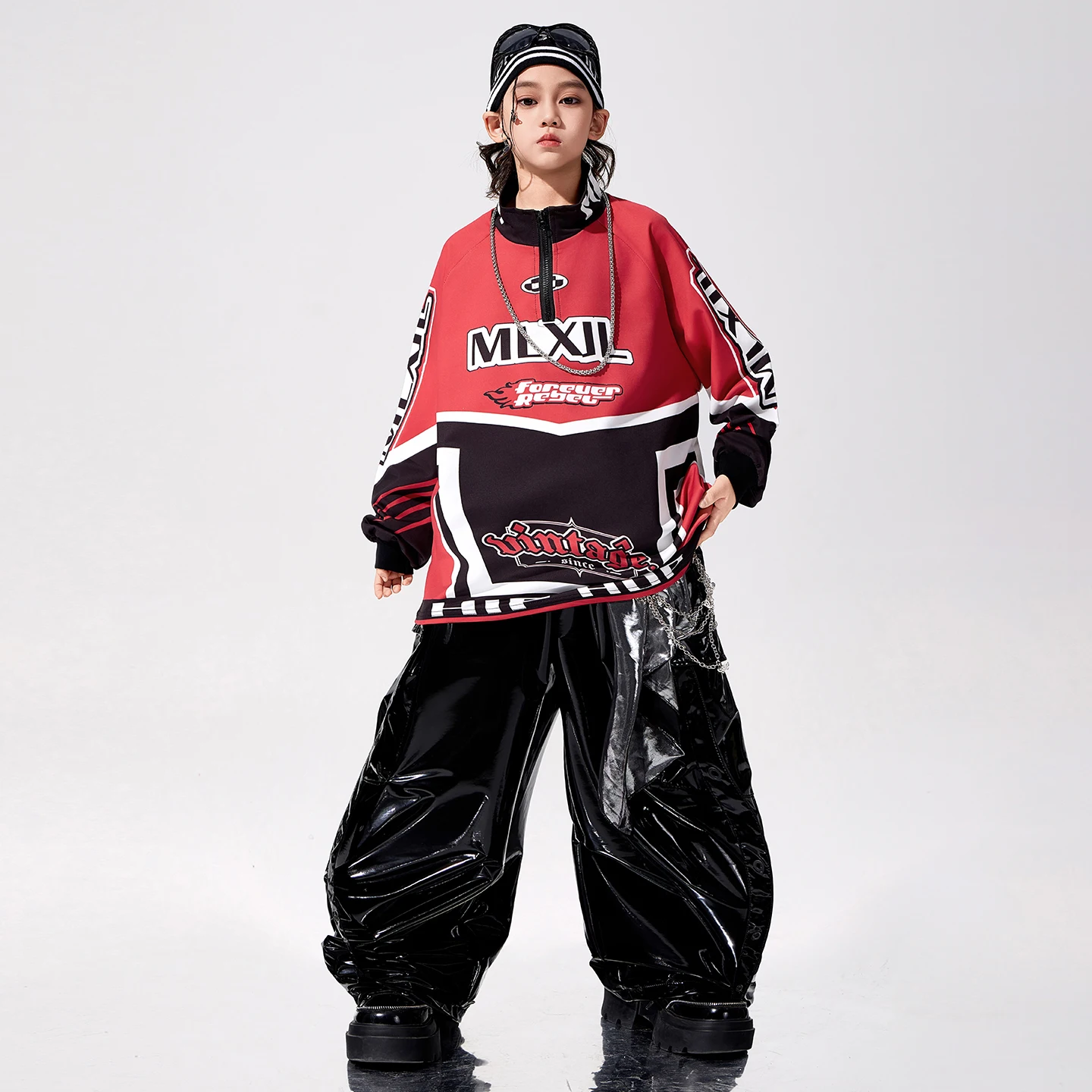 Boys Hip Hop Contrast Sweatshirt PU Leather Cargo Pants Girls K-pop Street Dance Costumes Kids Jazz Clothes Children Streetwear