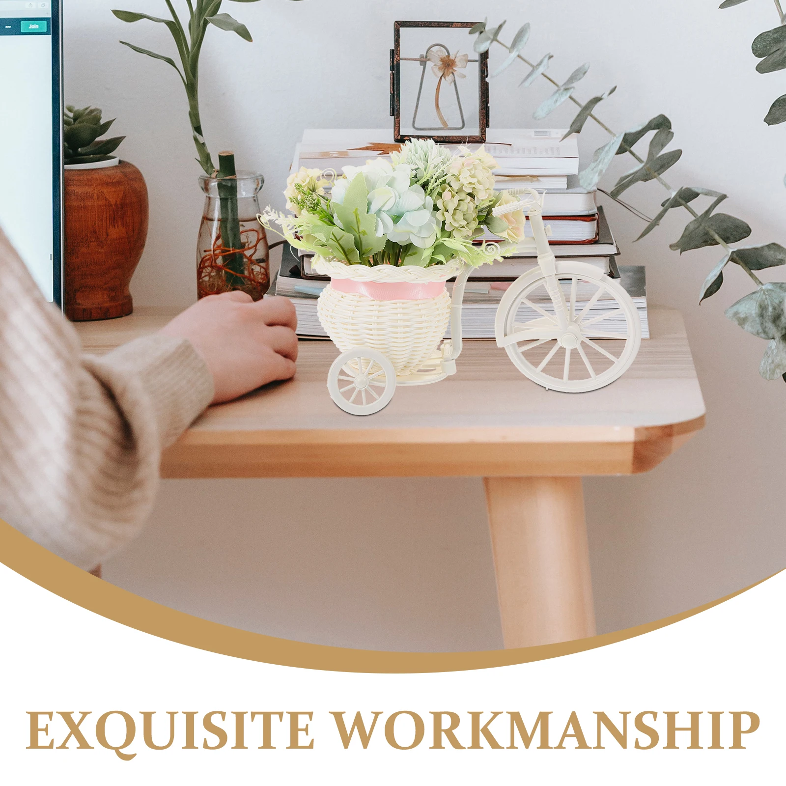 

Simulation Flower Bonsai with Bicycle Holder for Desktop Bookshelf Decor Lifelike Artificial Flower Wedding Party Decoration