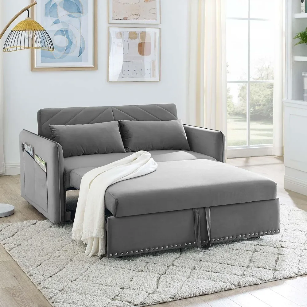 

Sleeper Sofa Bed w/USB Port, Convertible Upholstered Velvet Loveseat Sofa w/Pull Out Bed, with Adjustable Backrest