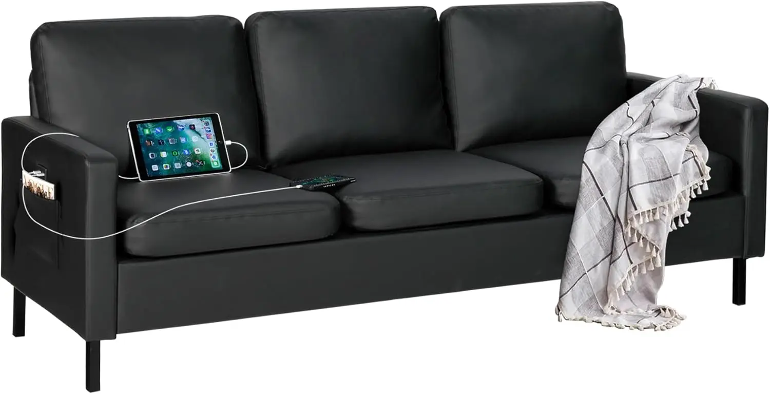 

72" Faux Leather Black 3 Seat Sofa, Modern Comfy w/2 USB, Small Couches for Living Room, Apartment, Office