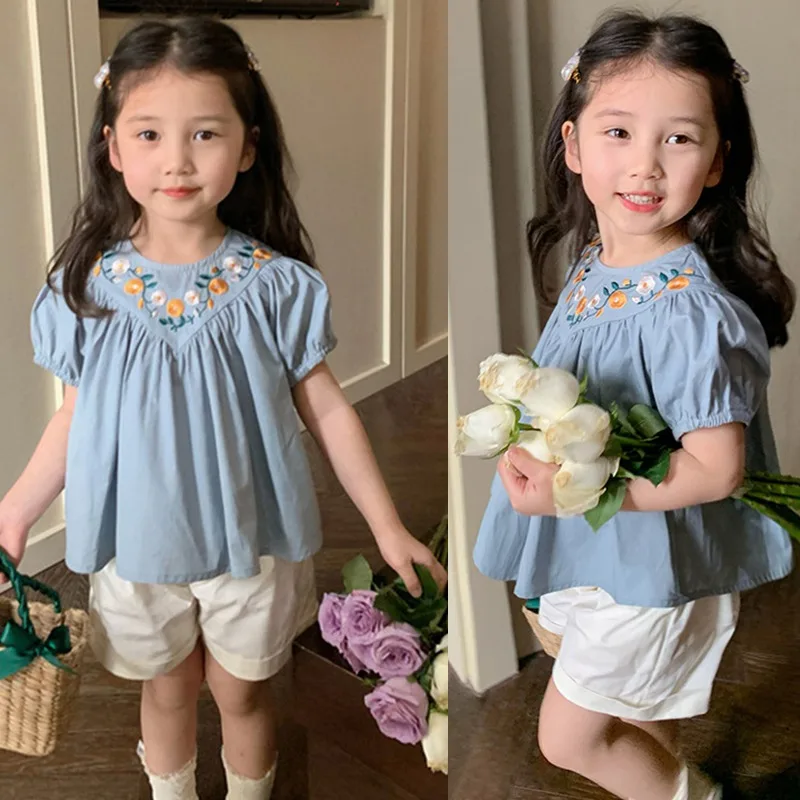 2pcs Children Fashion Clothing Set Girls Pleated Embroidery Decoration Thin Denim Tank Top+Wide Leg Short Trousers Two-piece Set