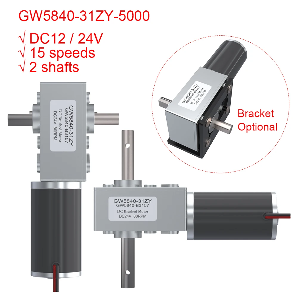 GW5840 31ZY Double Shaft 5000 to 3.5 5 10 25 50 100 290RPM 24V 15W DC Brush Turbo Worm Gear Motor High Torque Vertical Dual Axis