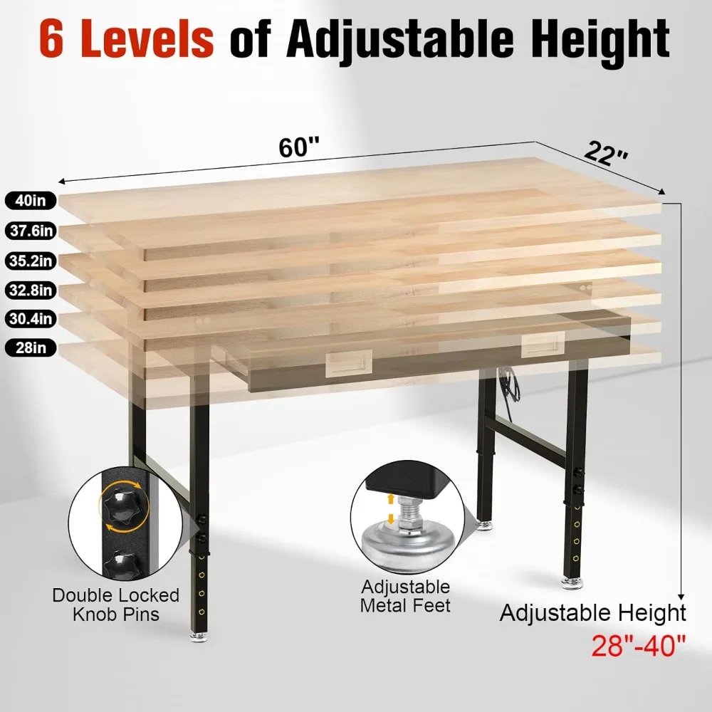 Adjustable Heavy Duty 2000 LBS Workbench with Drawers, Large Pegboard, and Strip Lighting for Garage Use