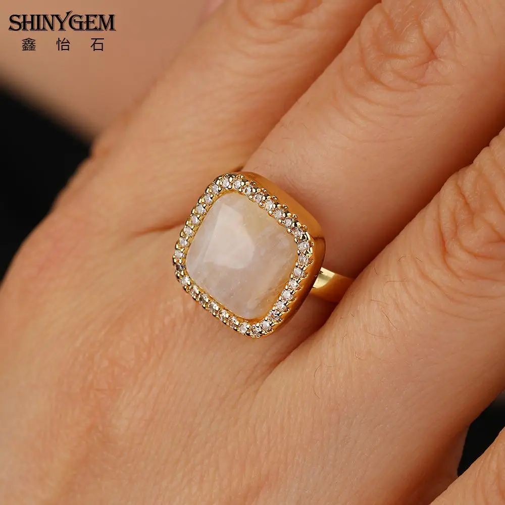 

shinygem fashion adjustable gold plated micro pave zircon square natural healing stone moonstone rings jewelry for women gifts