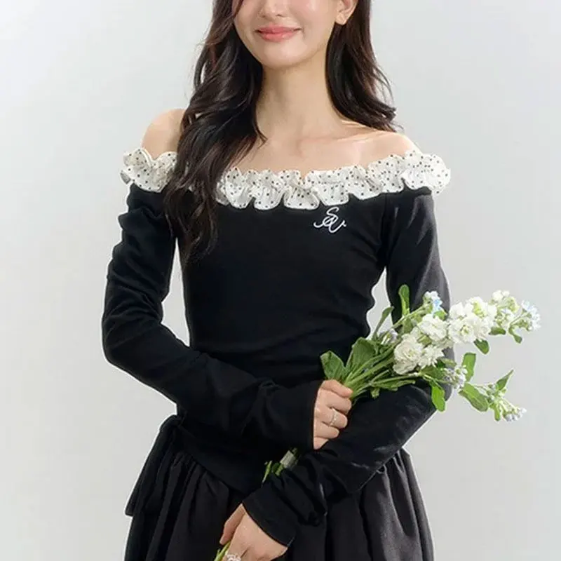 

Hotsweet Aura Slash Neck Slim T-shirts Women's Clothing Fashion Polka Dot Folds Autumn New Patchwork Casual Irregular Pullovers