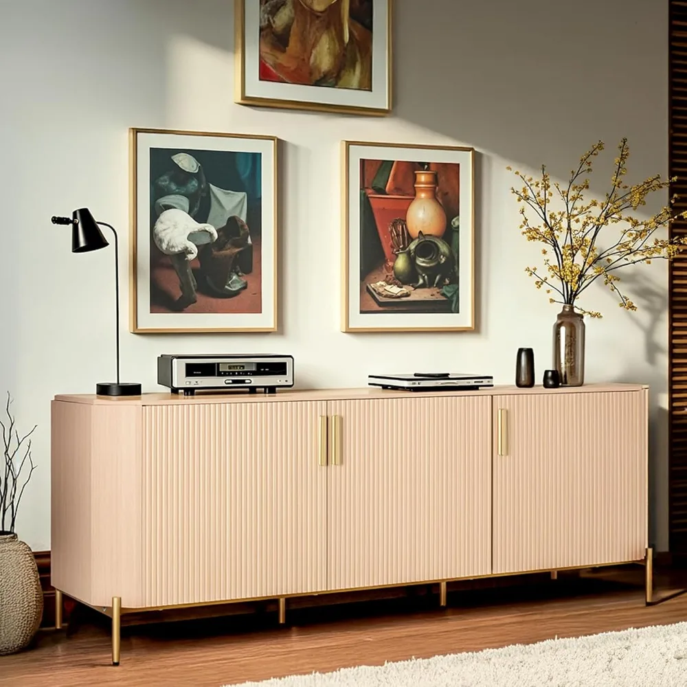 

Шкаф-буфет 66,3 дюйма, кухонный шкаф для хранения с рифлеными декоративными дверцами, деревянная акцентная консоль с 3 дверцами для Liv