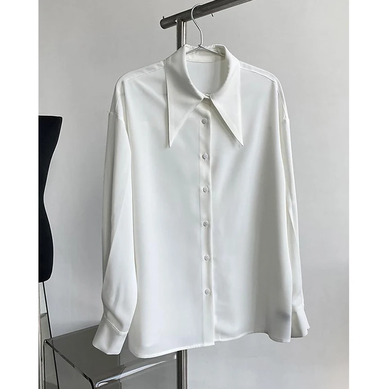 Spring Autumn Korean Fashion Office Lady Chic Pointed Collar Long Sleeve Shirts Vintage White Blue Loose Blouse Top Women Blusas