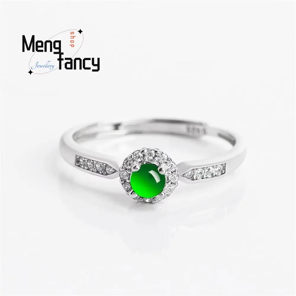 

S925 Silver Inlaid Natural A-goods Jadeite Positive Green Ice Jade Eternity Promise Ring Simple Exquisite Luxury Fashion Jewelry