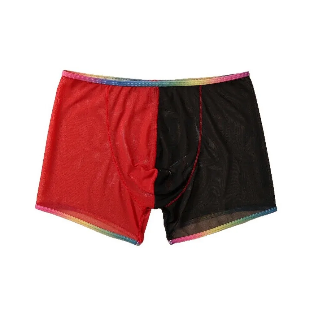 Men Mesh See Through Boxer Shorts Contrast Color Bulge Pouch Trunks Breathable Underwear For Sports Sleep Male Panties