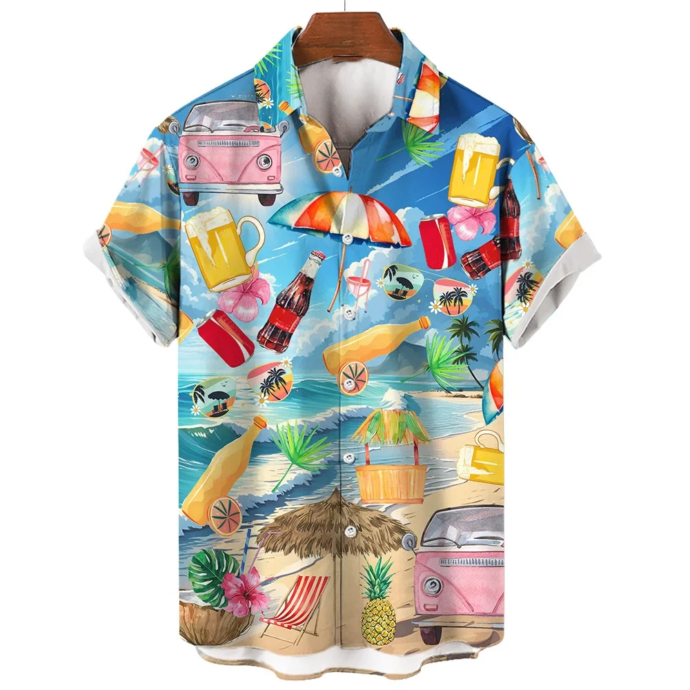 

Hawaiian Shirt For Man Summer Beverages T-Shirt Beach Beer Prints Short Sleeved Shirt Tops Casual Original Design Men's Clothing