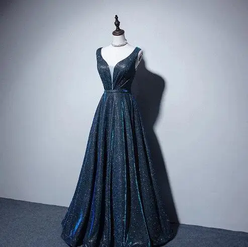 Novo pavão estrelado azul vestidos de baile a linha v pescoço lantejoulas sem mangas longo tule formal banquete reunião anual noite vestido 2021