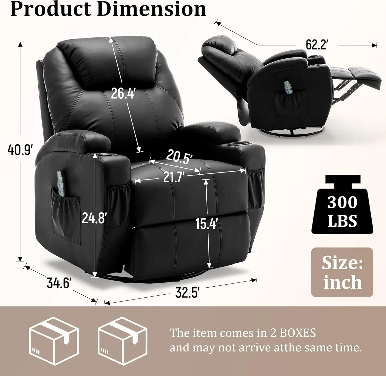 Rocking Chair with Massage and Heat, 360° Swivel Recliner Chairs for Adults, Rocker Manual Recliner with Remote