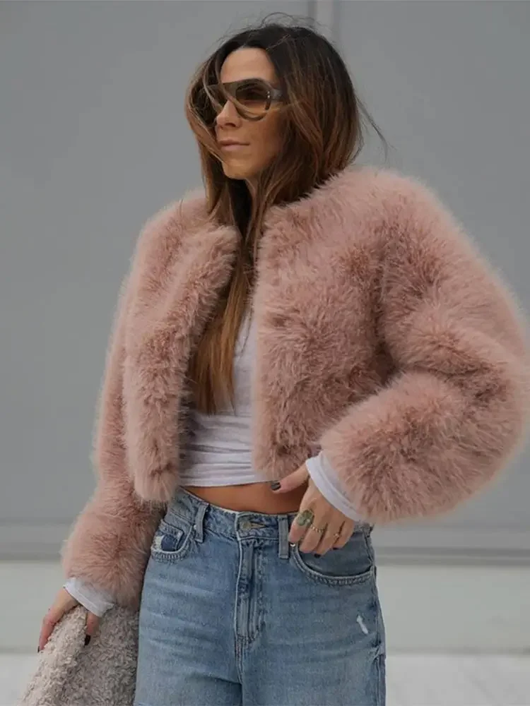 Women's Pink Faux Fur Imitation Mink Cropped Jacket 2024 New Winter Warm Coat Female Streetwear Outwear Short Coats