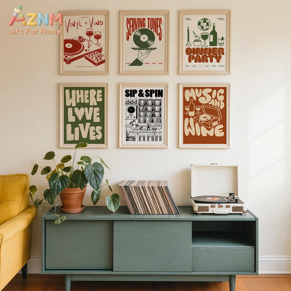 AZNM Retro Vinyl Wine Canvas Wall Art Record Player Typography Print Bar Dining Room Home Decor Unframed